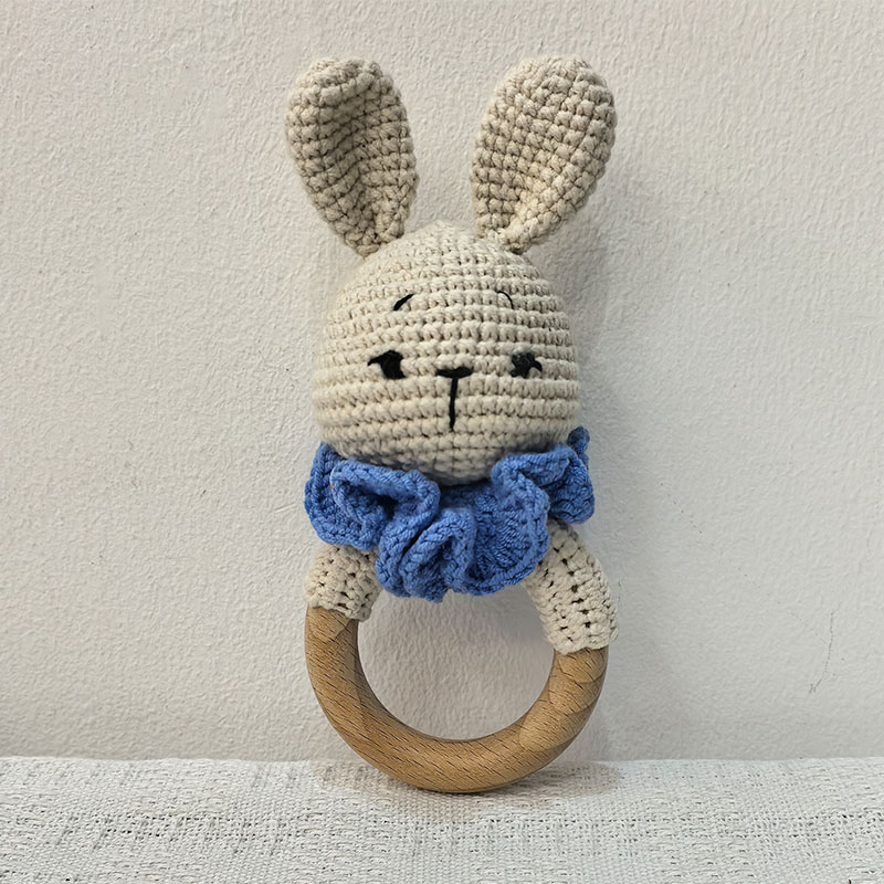 Long Ear Bunny Baby Rattler Safety Wooden Teether Mobile Crib Bell Teething Toy