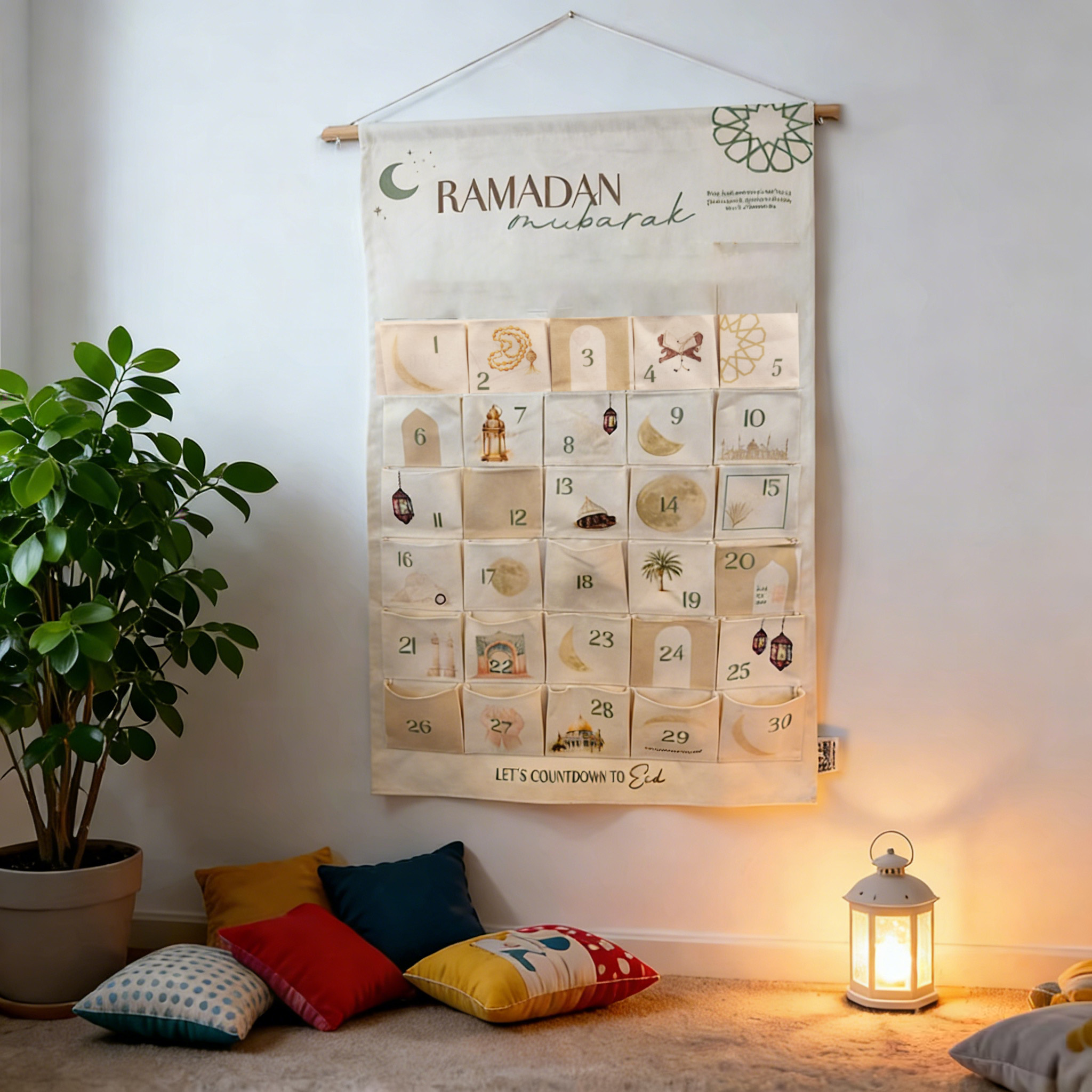 Muslim Children Advent Calendar, Countdown Wall Hanging Gift Bag, Eid Mubarak Holiday Decoration