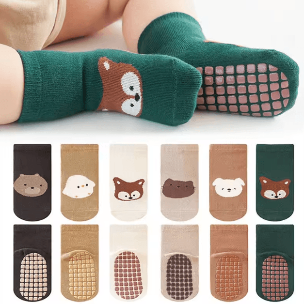 6-Pack Kids Non-Slip Cartoon Animal Socks – Soft Toddler Grip Floor Socks
