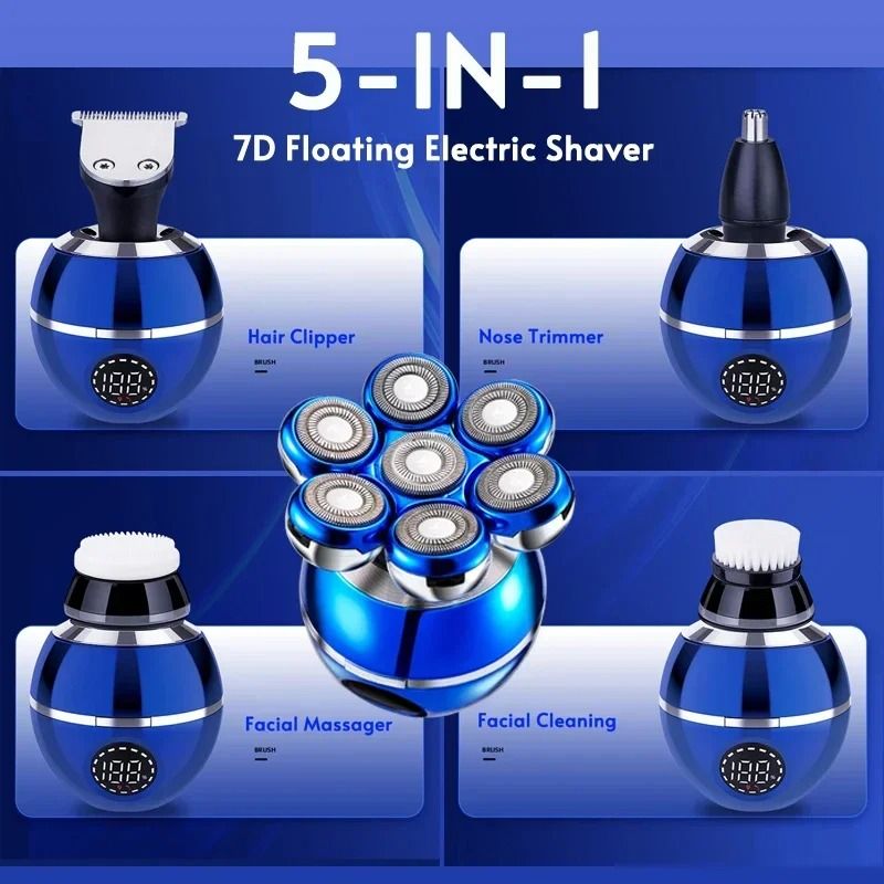 Newest 5 in 1 Electric Shaver 7D Floating Cutter Head Bald Hair Clipper with Wireless Charging