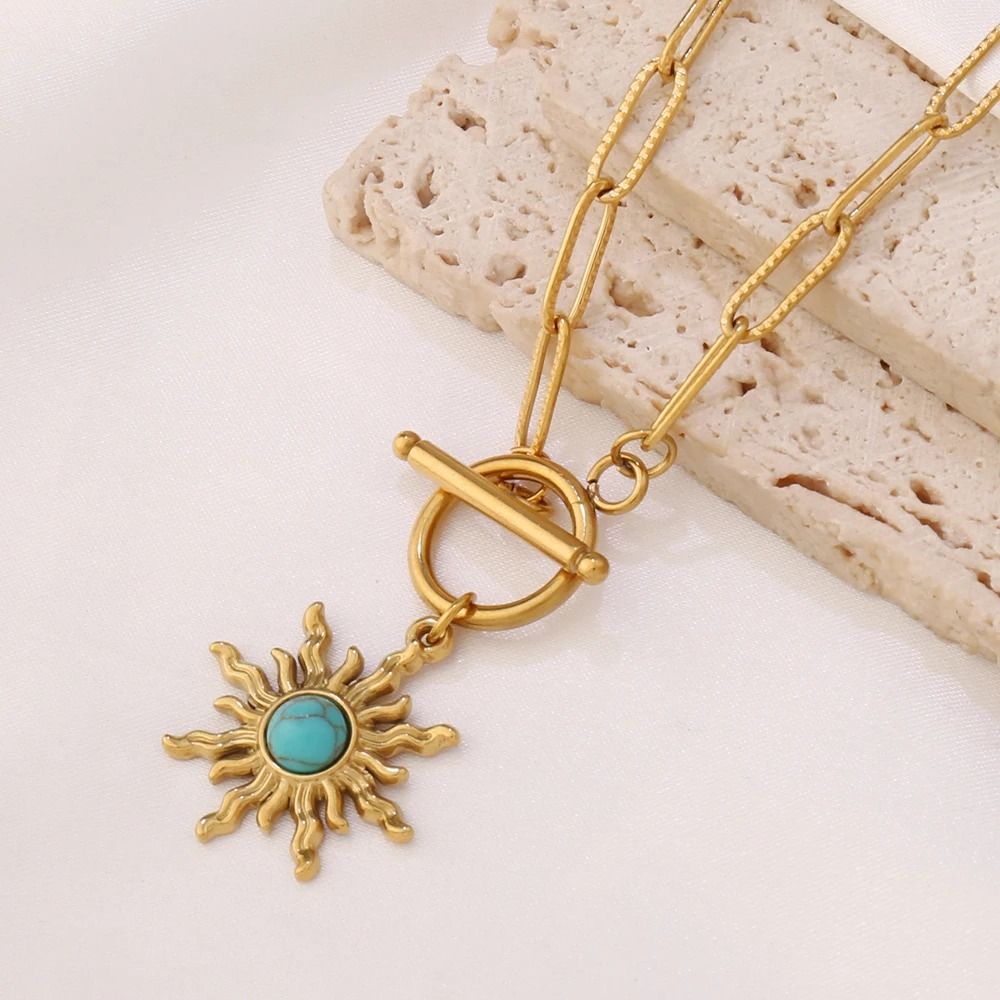 Sun Pendant Necklace Gold Turquoise Charm Stainless Steel Clavicle Chain