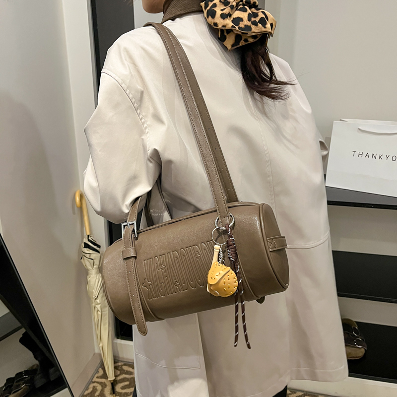 Elegant Cylinder Crossbody Bag for Women PU Leather Designer Shoulder Handbag with Pendant