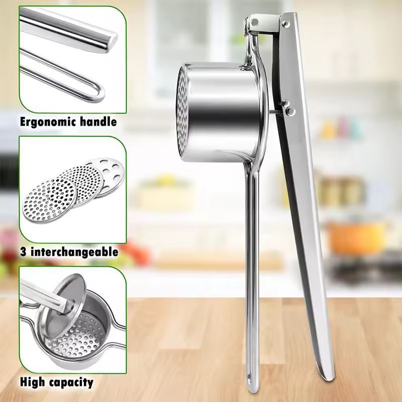 LMETJMA Premium Stainless Steel Potato Ricer & Masher, Manual 3-Disc Press for Fluffy Mash and Smooth Purees