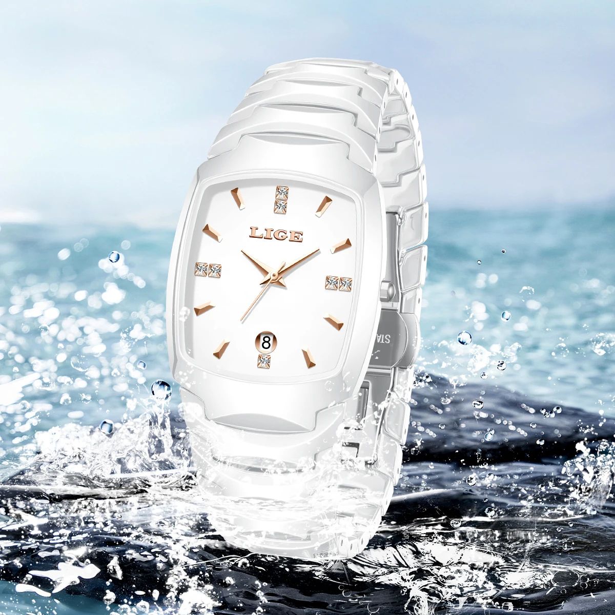 LIGE Elegant Square Women's Quartz Watch – Luxury Ceramic Stainless Calendar Ladies Wristwatch