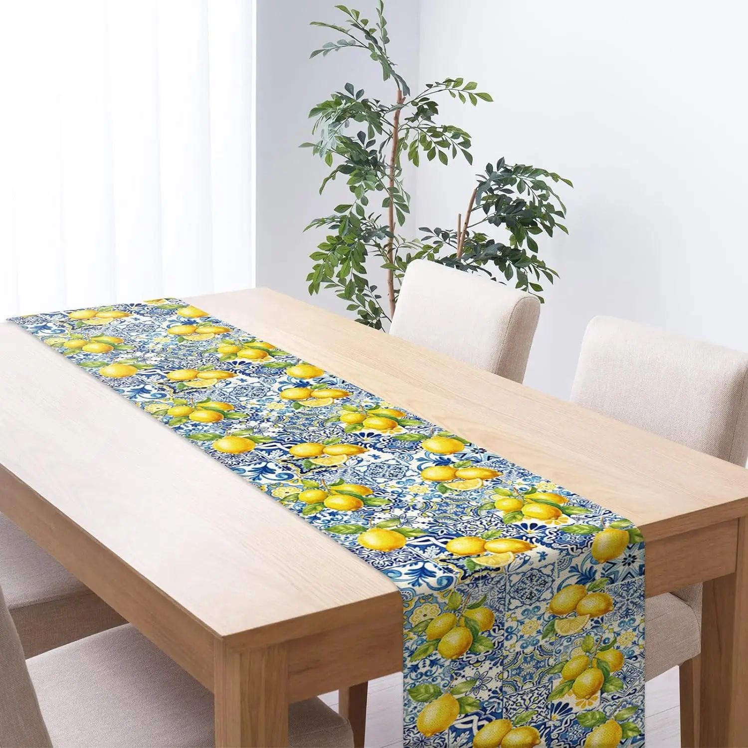 Lemon Tile Linen Table Runner for Farmhouse Dining and Summer Tablescapes