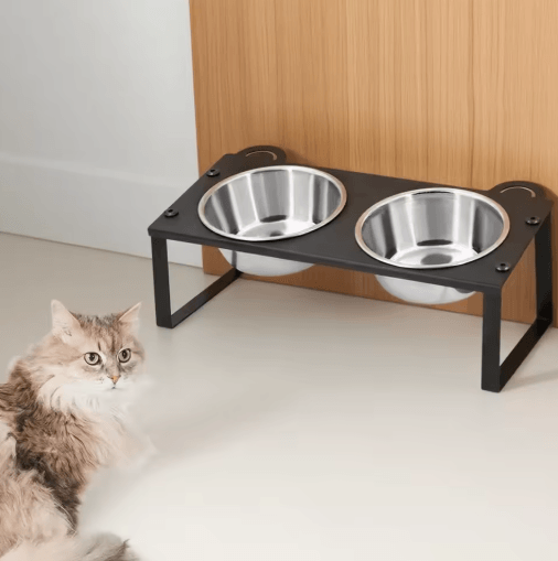 15° Tilted Elevated Cat Feeder with Double Stainless Steel Cat Bowls & Cute Metal Stand