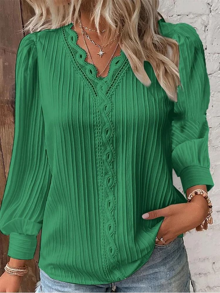 Womens Lace Stitch Pullover Chiffon V Neck Long Sleeve Blouse