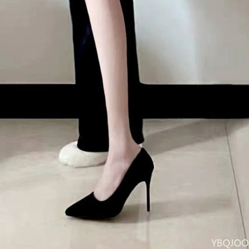 Elegant Black Suede Pointed Toe High Heels Shallow Cut Pumps