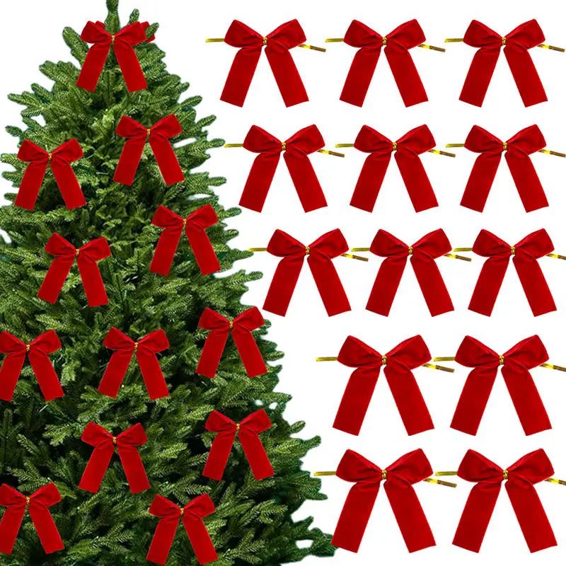 Red Velvet Christmas Tree Bows Set, Mini Gold Accent Holiday Decor for Trees, Wreaths and Gifts