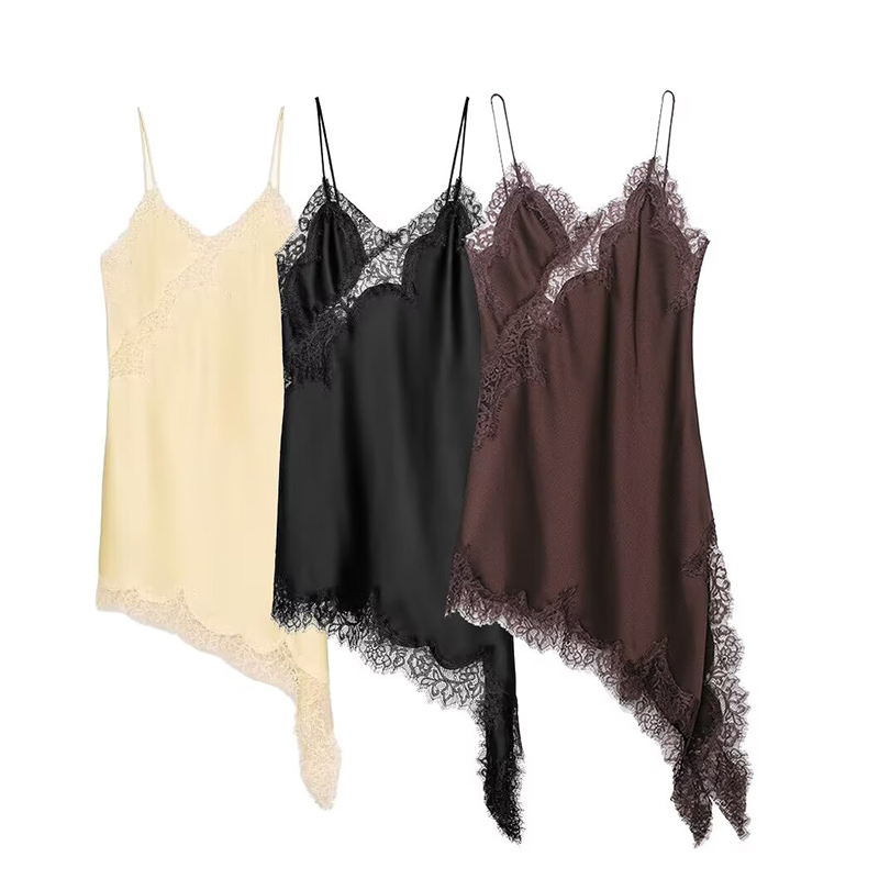 Satin Sexy Lace Spliced Short Sling Dress, Women Sleeveless Backless Asymmetric Dress, Summer Party Dresses 2025 Lady
