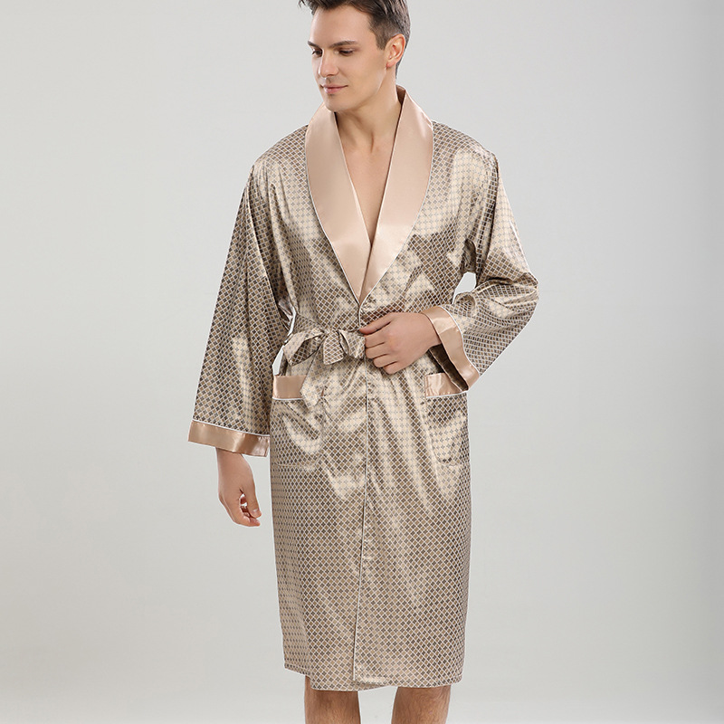 Navy Blue Stripe Men Kimono Bathrobe Gown Satin Sleepwear with Pocket Summer Lounge Wear