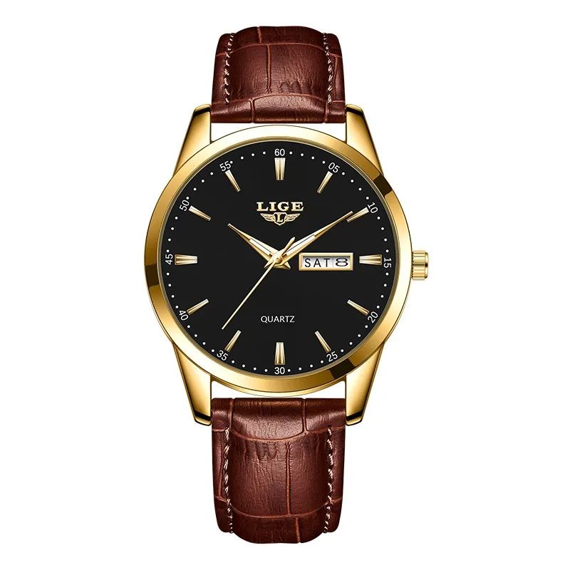 LIGE Executive Waterproof Men's Leather Quartz Watch with Luminous Date & Week Display