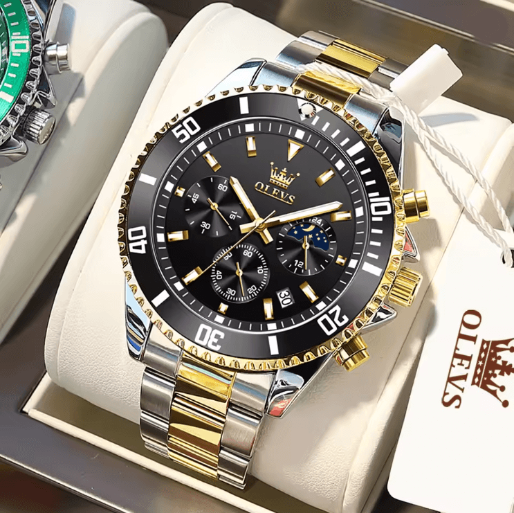 OLEVS Luxury Mens Watch Stainless Steel Chronograph Waterproof with Moon Phase