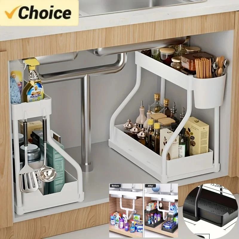 Space-Saving 2-Tier Under-Sink Organizer – Pull-Out Drawer Storage – Large Capacity Kitchen & Bathroom Essential