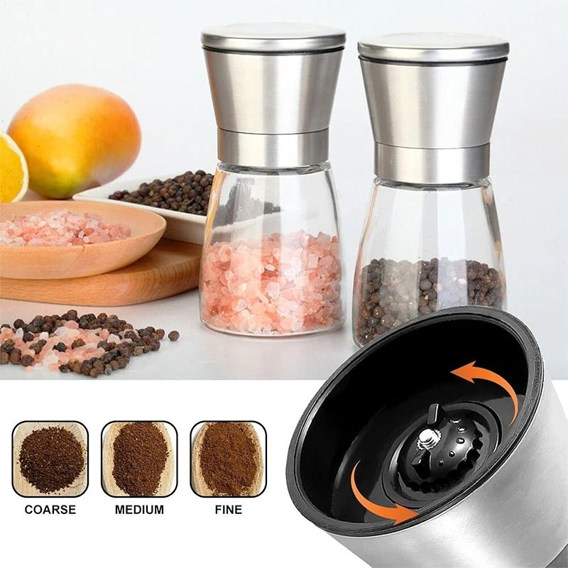 Salt and Pepper Grinder Set with Adjustable Coarseness Glass Body