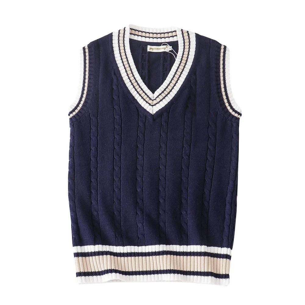 Mens Thick Knitted V Neck Sweater Vest Retro Striped Casual Pullover