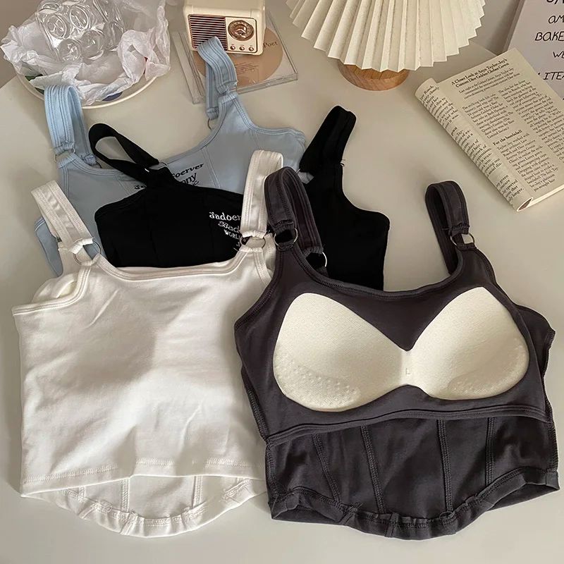 Y2K Shoulder Belt Iron Ring Crop Tank Top with Built-In Bra Pad – Embroidered Letter Slim Fit Cami