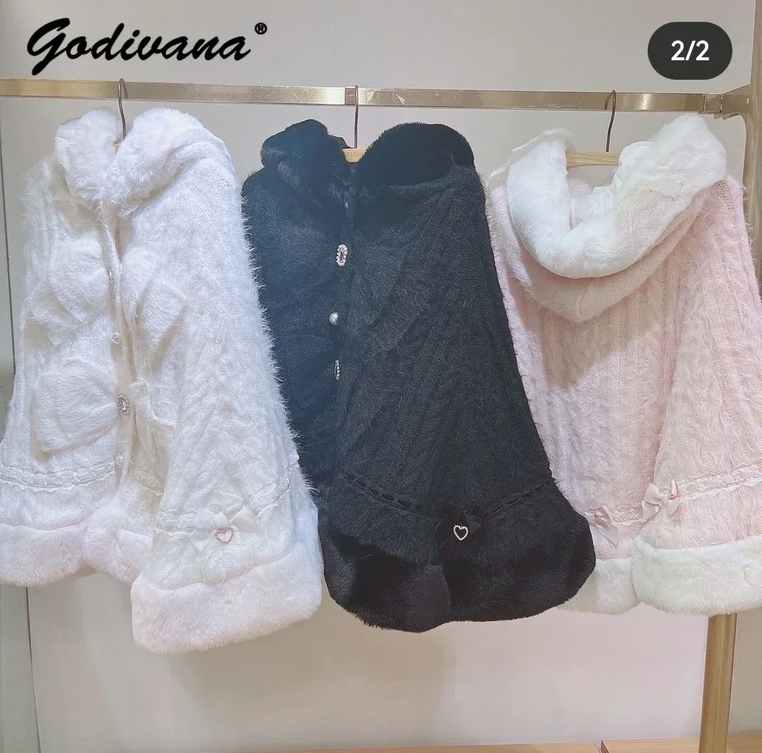 Japanese Sweet Soft Thick Women's Double-Layer Big Ribbon Hooded Knitted Cloak, Cozy Autumn & Winter Ponchos with Hood