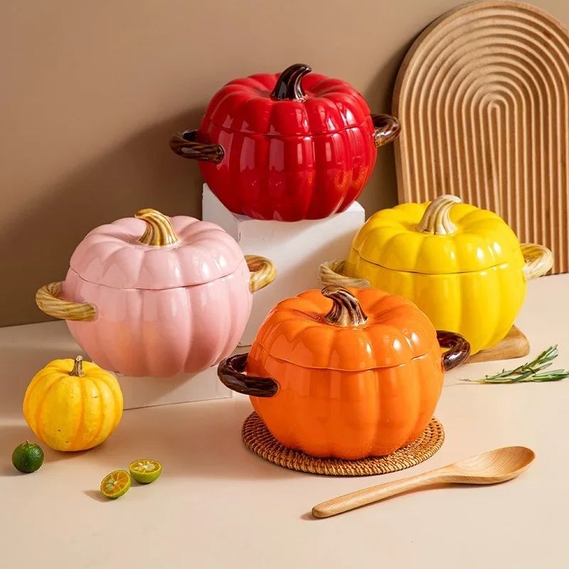 Ceramic Pumpkin Soup Pot with Lid – Creative Halloween Soup & Noodle Bowl