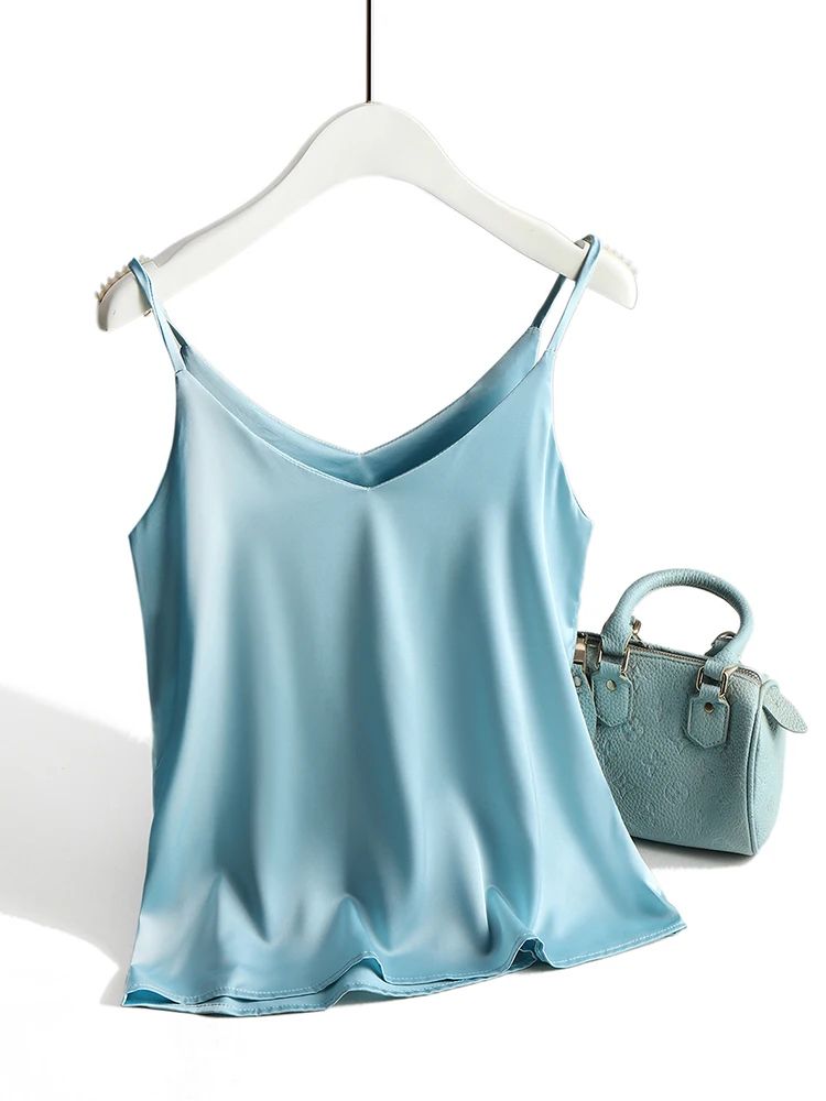 Women's Satin Silk Halter Cami – White Backless Spaghetti Strap Summer Top