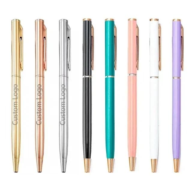Rose Gold Custom Engraved Ballpoint Pens Slim Metal Personalized Logo Pens Bulk Set