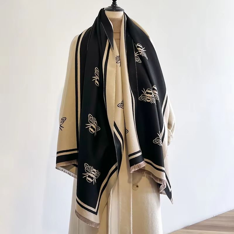 Luxury Two-Sided Bees Pattern Pashmina Shawl Soft Warm Winter Blanket Scarf