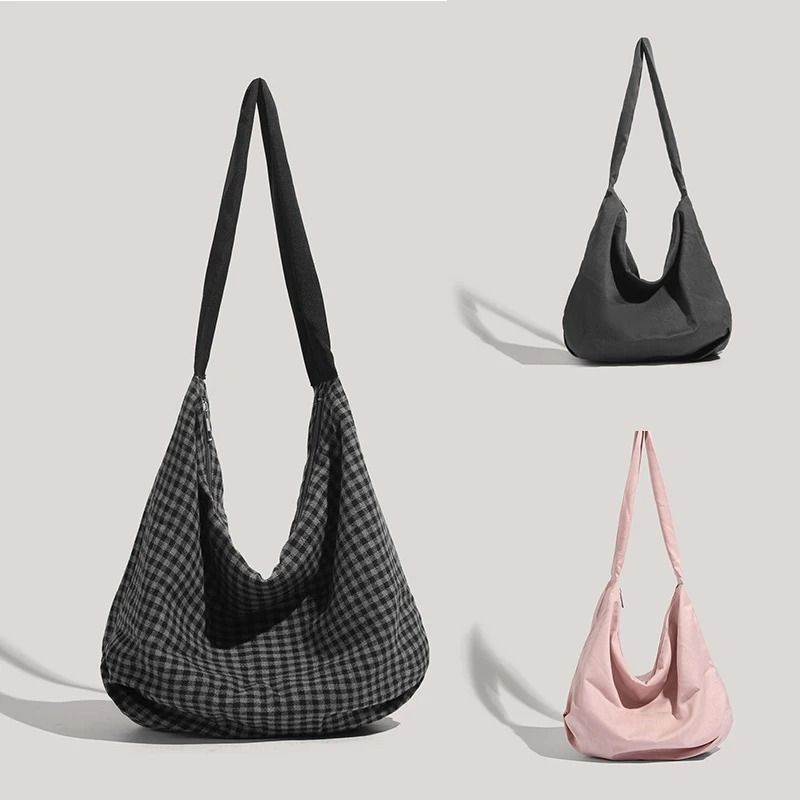 Commuting Large-Capacity Canvas and Checkered Nylon Tote Bag