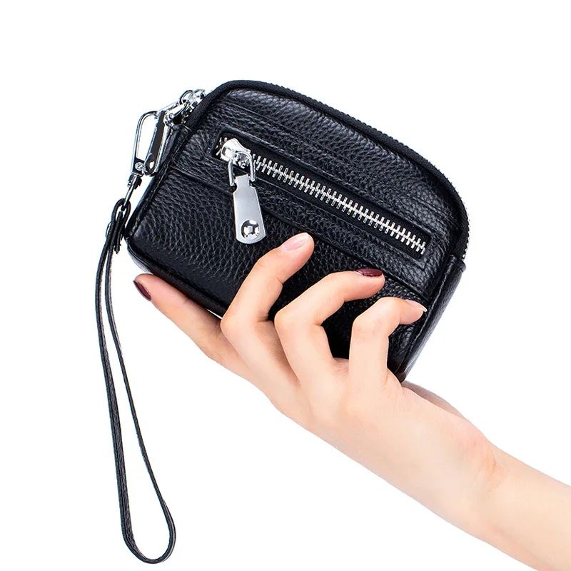 Genuine Leather Double-Zip Wristlet Wallet for Women, Large Capacity Card Holder & Coin Purse