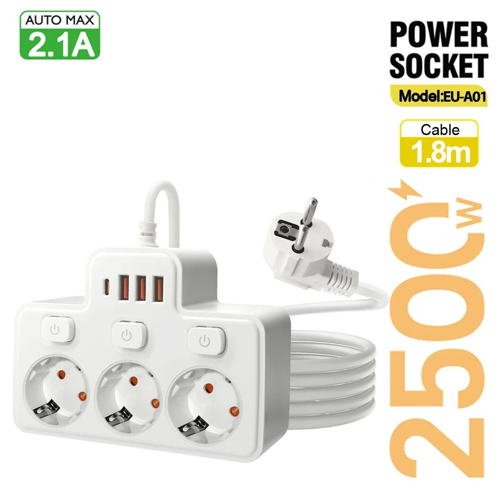 Wall Mounted EU Power Strip with Independent Switch & USB Charging