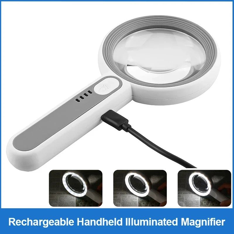 Rechargeable 12X Handheld Magnifier with LED Light - 3 Modes Reading & Inspection Loupe