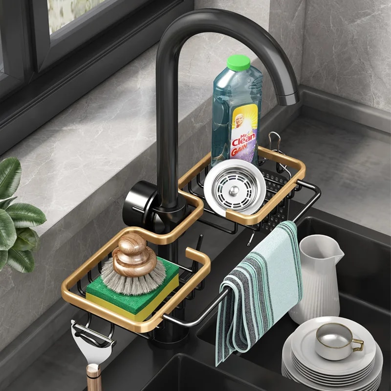 Aluminum Sink Rack: Sponge & Soap Drainer, Faucet Holder