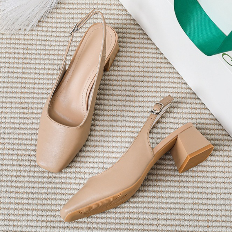 Elegant French Baotou Womens Summer Sandals, New Mid Thick Heel High Heels with Shallow Mouth & Coarse Heel Design
