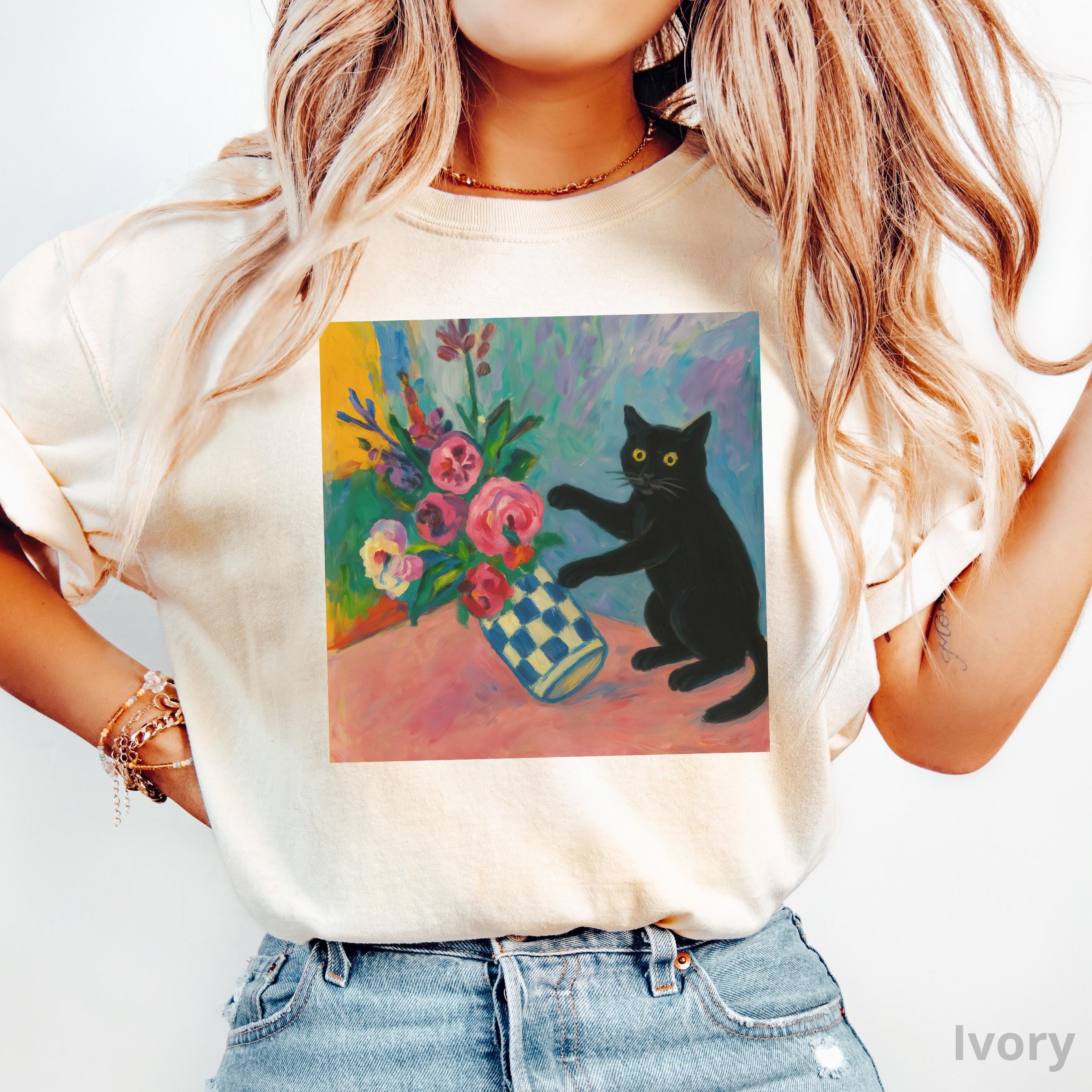 Funny Black Cat Art Shirt Matisse Inspired Kitty Lover Graphic Tee