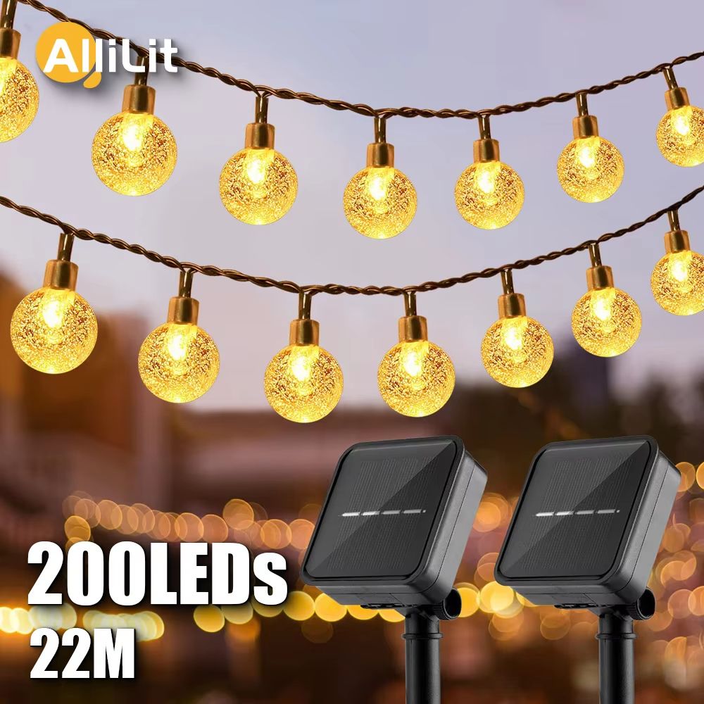 Solar Outdoor String Lights 200 LED Crystal Globe Waterproof Fairy Lights for Garden and Party Decor