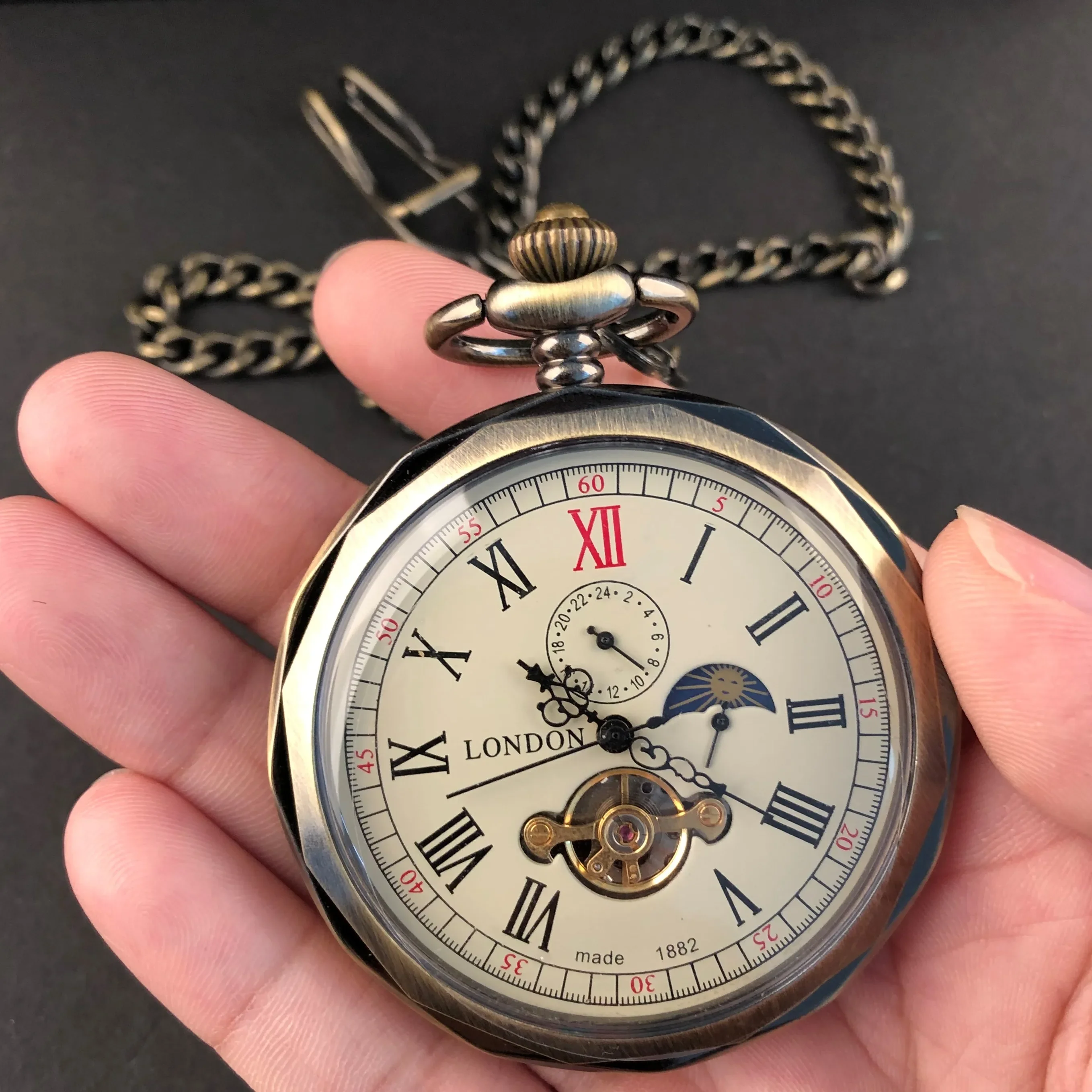 Vintage Moonphase Mechanical Pocket Watch with Chain Hand Wind Classic Timepiece