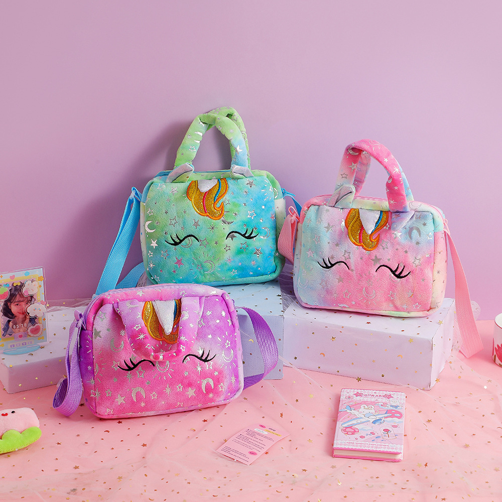 Unicorn Tie Dye Plush Crossbody Bag for Girls Cute Soft Shoulder Purse