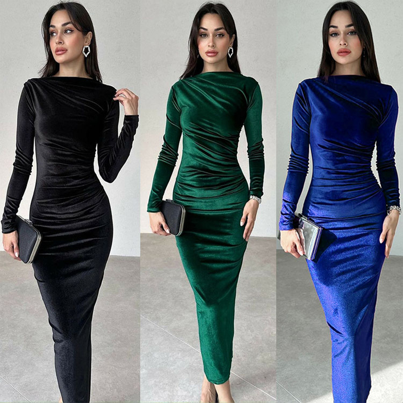 Elegant Party Clothes, Midi Dress For Women Ruched Long, Evening Green Outfits