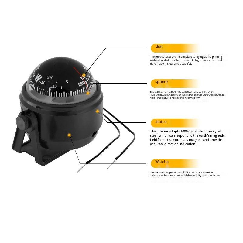 Magnetic Car Dashboard Compass Ball with Adjustable Declination for Car Boat Truck