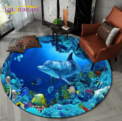 3D Ocean Dolphin Area Rug – Non-Slip Underwater Illusion Round Carpet