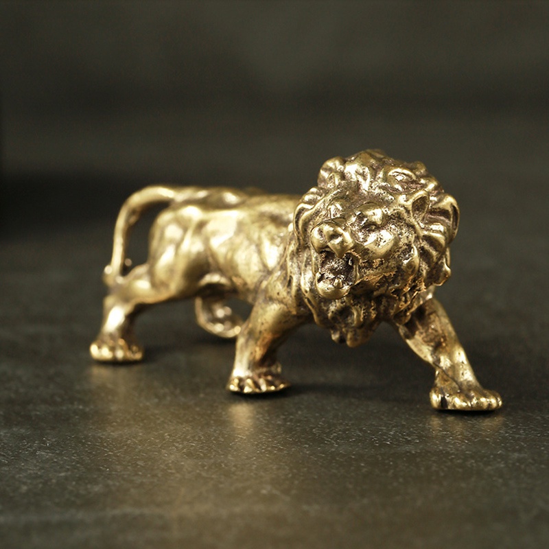 Vintage Copper Lion King Figurine Small Brass Mountain Lion Statue Decor