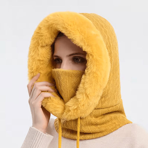 Women Winter Hooded Balaclava Hat with Neck Warmer Knitted Plush Windproof Cap