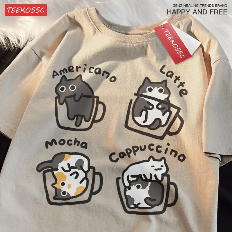 Cat Coffee Pure Cotton Trendy Summer Loose Short Sleeve T-Shirt for Men & Women – Original Mocha Latte Cat Design