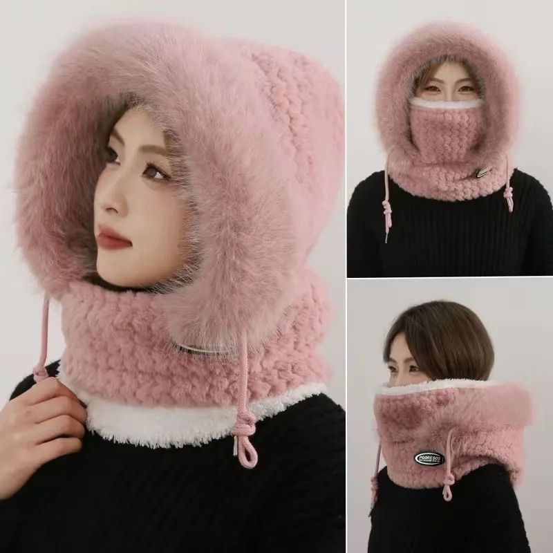 Women Thermal Plush Hood Hat Scarf Mask Set Windproof Winter Wear