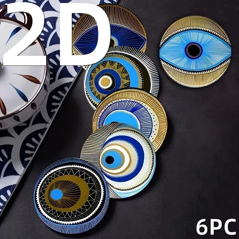 6-Pack Wooden Coasters – 4 in Evil Eye Theme Desktop Insulation Mats – Modern Coffee Mug Coasters and Housewarming Gift