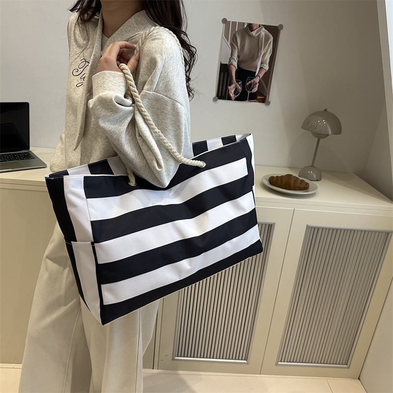 Waterproof Foldable Beach Bag Large Striped Canvas Travel Tote