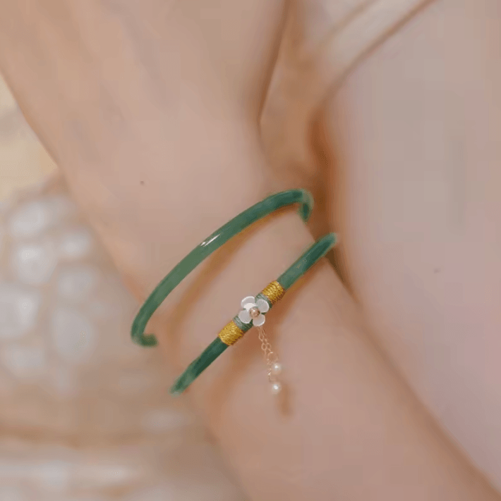2-Piece Natural Jade Bangle Bracelet Set – Chinese Style Womens Charm Wedding Gift Jewelry