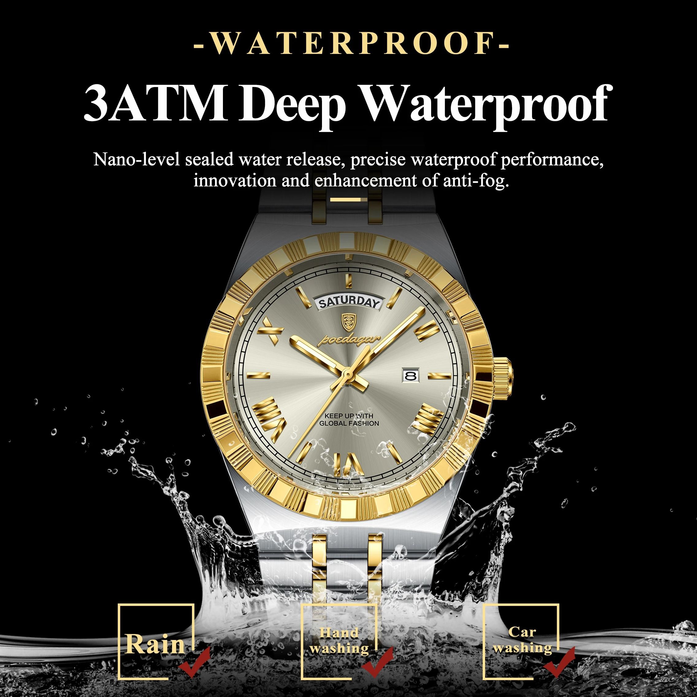 Poedagar Luxury Business Men Watch with Week and Date Display