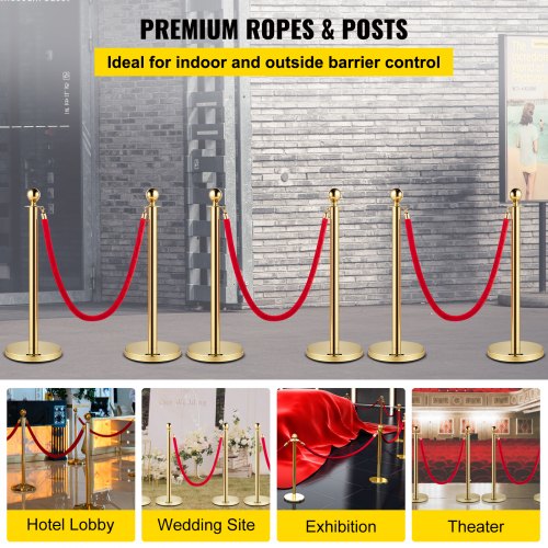 Gold Stanchion with Ball Top, Stainless Steel Velvet Ropes and Posts, Red Crowd Control Barrier for Events, Hotels