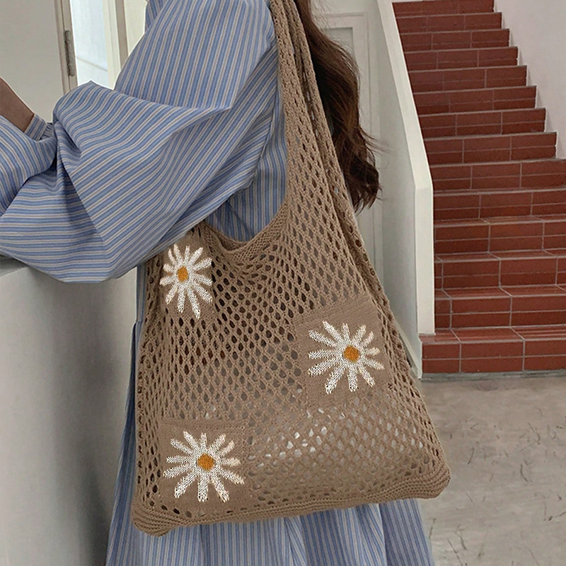 Floral Crochet Tote Bag for Women Cute Knitted Shoulder Handbag for Daily Use