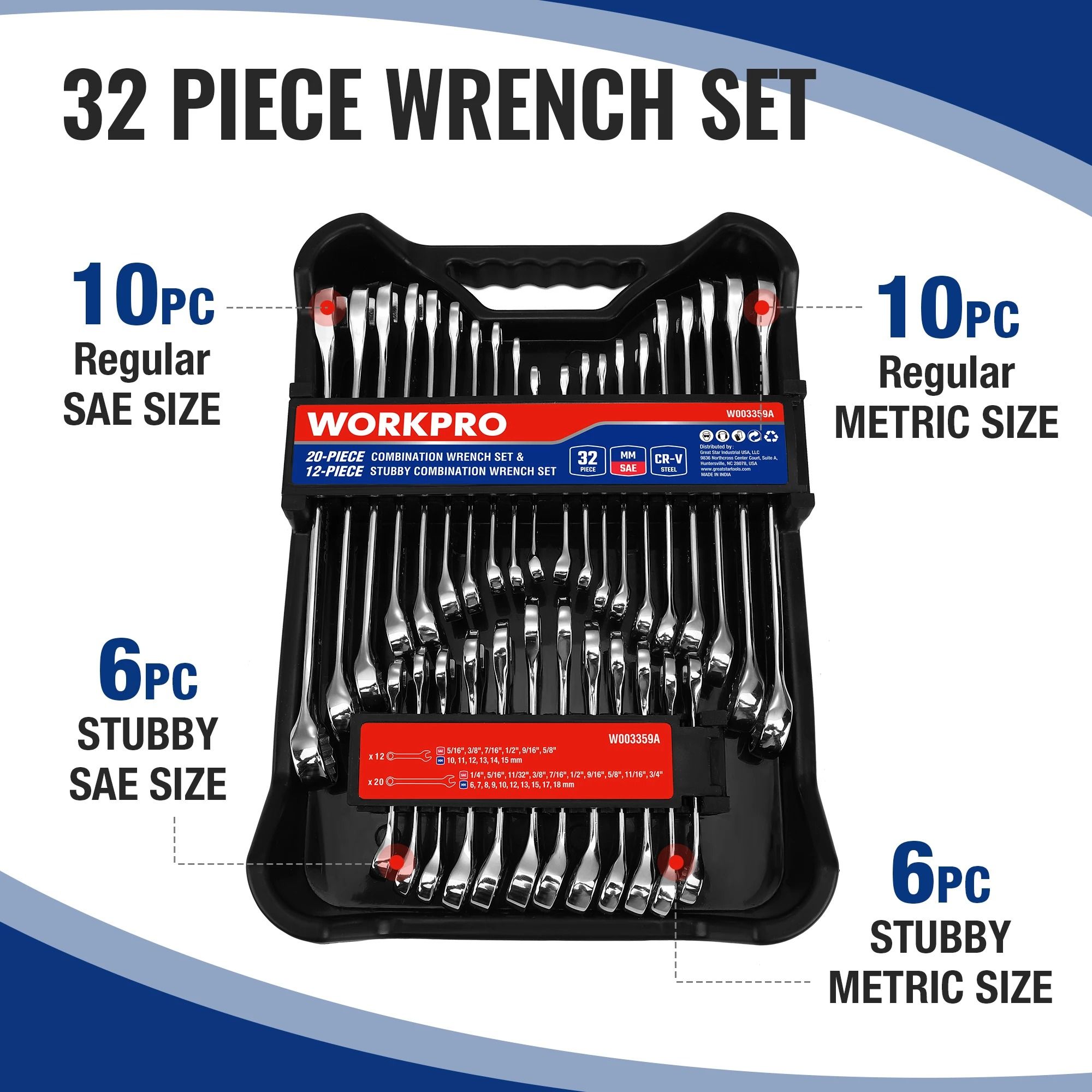 Professional 32 Piece Combination Wrench Set with Organizer